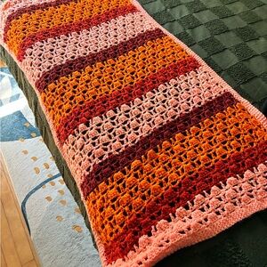 Handmade Crochet Throw Blanket in Pink, Orange & Burgundy